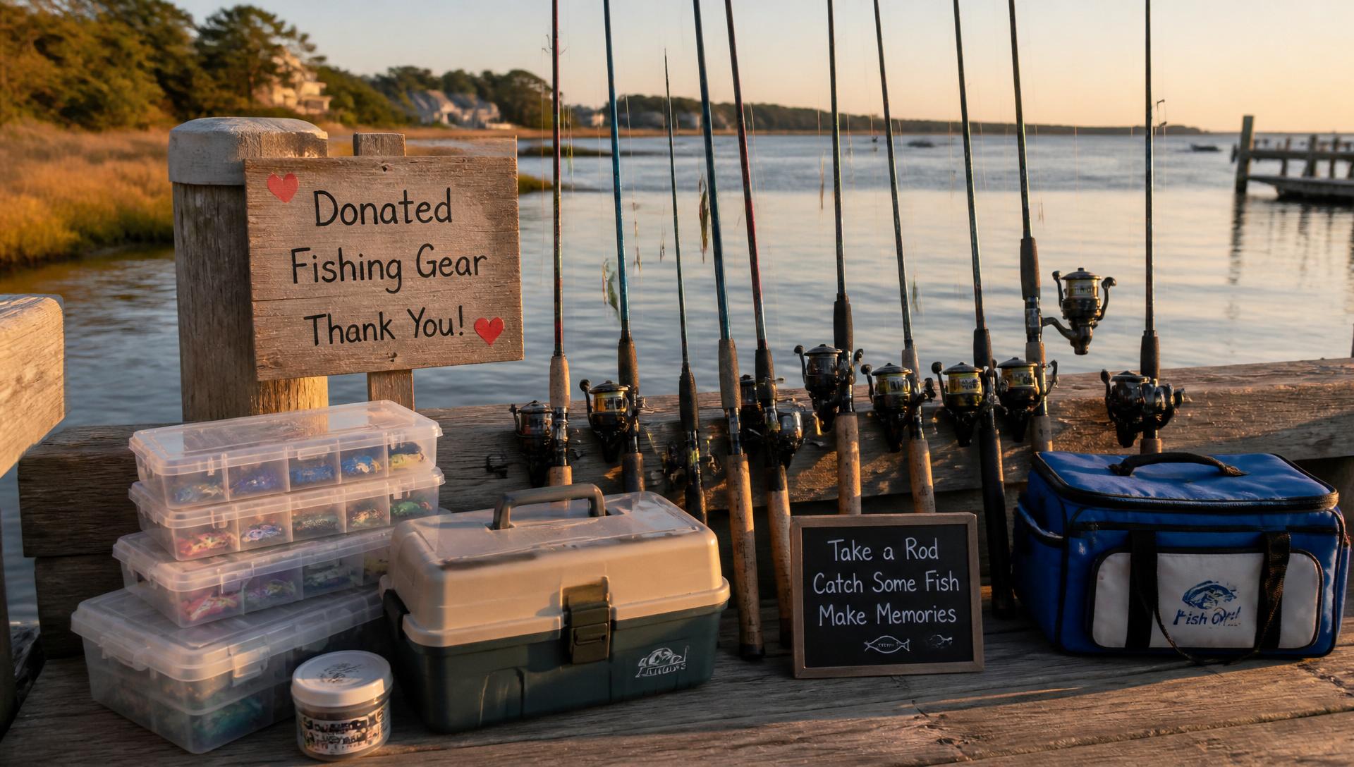 Donated fishing rods, reels, and tackle arranged on a Rhode Island dock